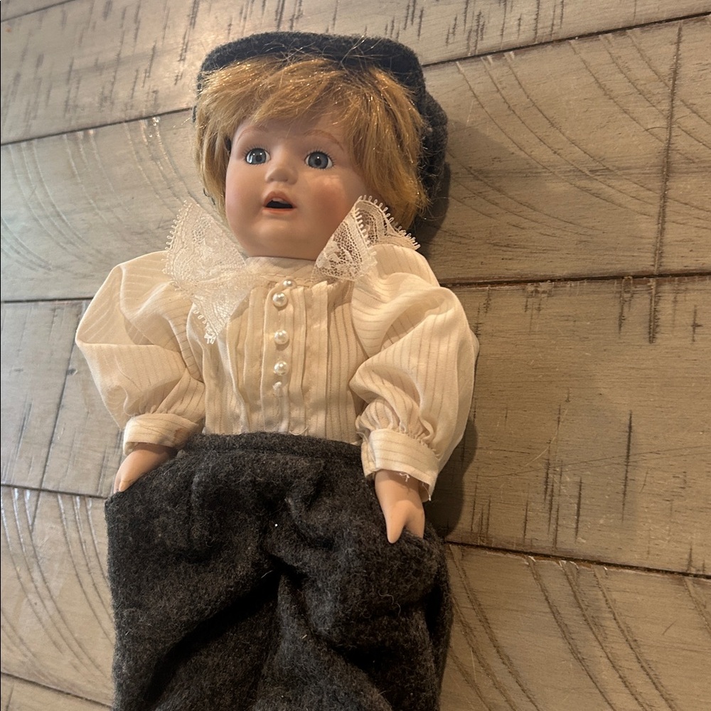 VTG Porcelain Doll Position Sit or Stand Fancy Pleated Shirt Wool Pants Blonde